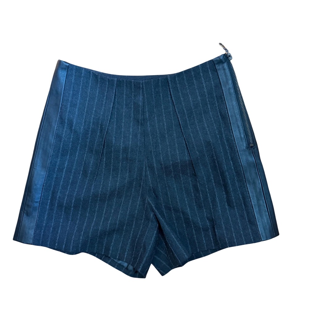 Ainsley Dark Academia Edgy Womens Pinstripe Wool Mini Shorts Black Leather Trim